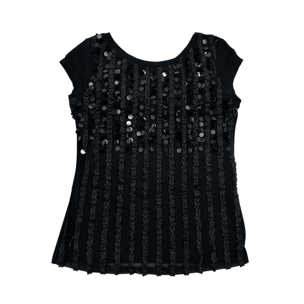 Lauren Michelle Medium Black Sequin Ruffle Front Cap Sleeve Top Cocktails Party